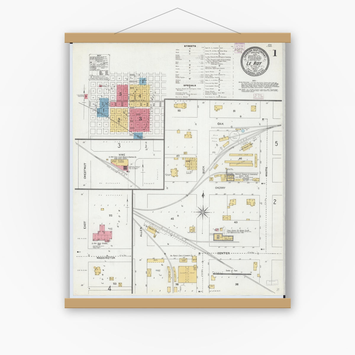 Old map wall art mockup — magnetic wood frame on white wall — Sanborn Fire Insurance Map from Leroy, McLean County, Illinois (1906) - Complete Map Set