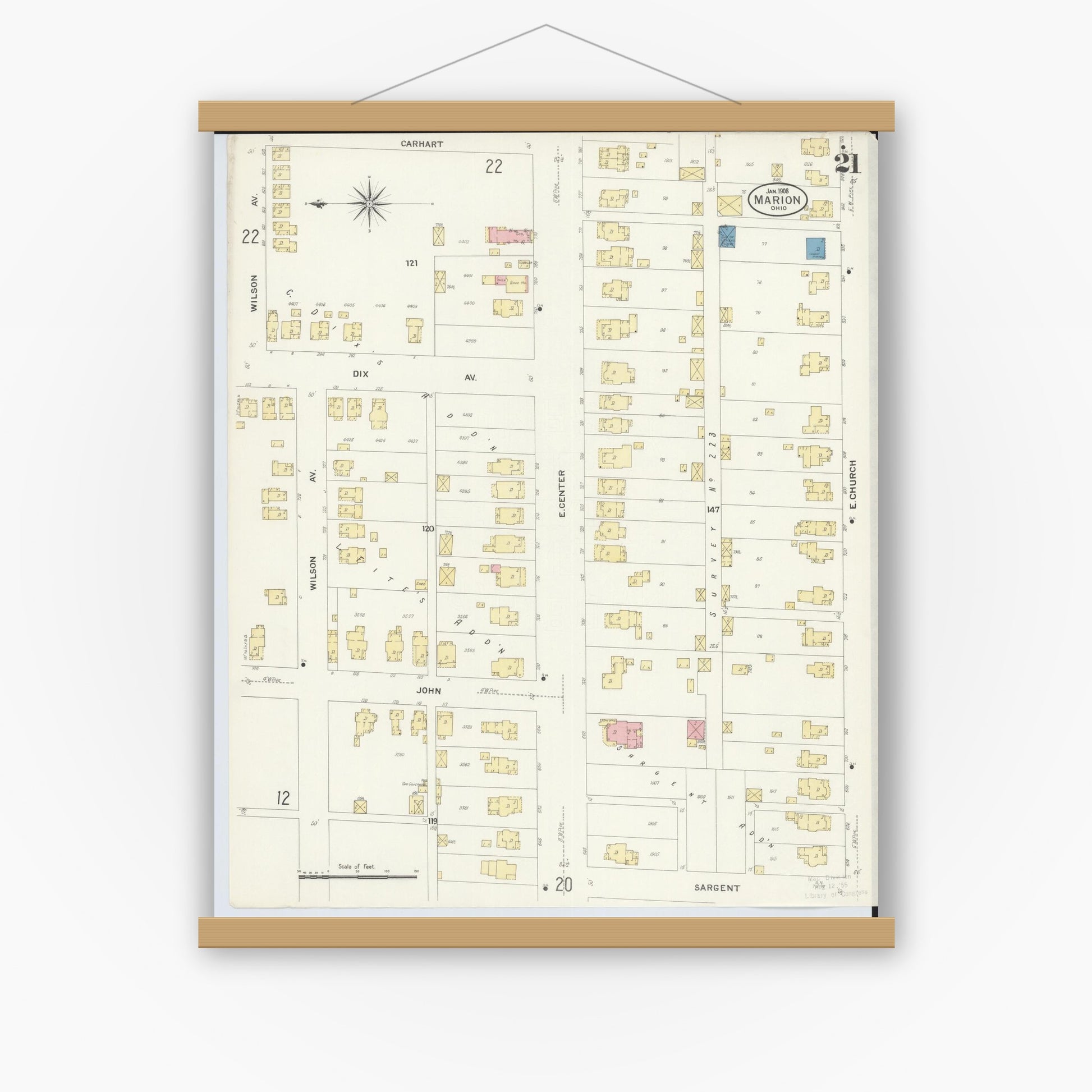 Old map wall art mockup — magnetic wood frame on white wall — Sanborn Fire Insurance Map from Marion, Marion County, Ohio (1908), Sheet #0021