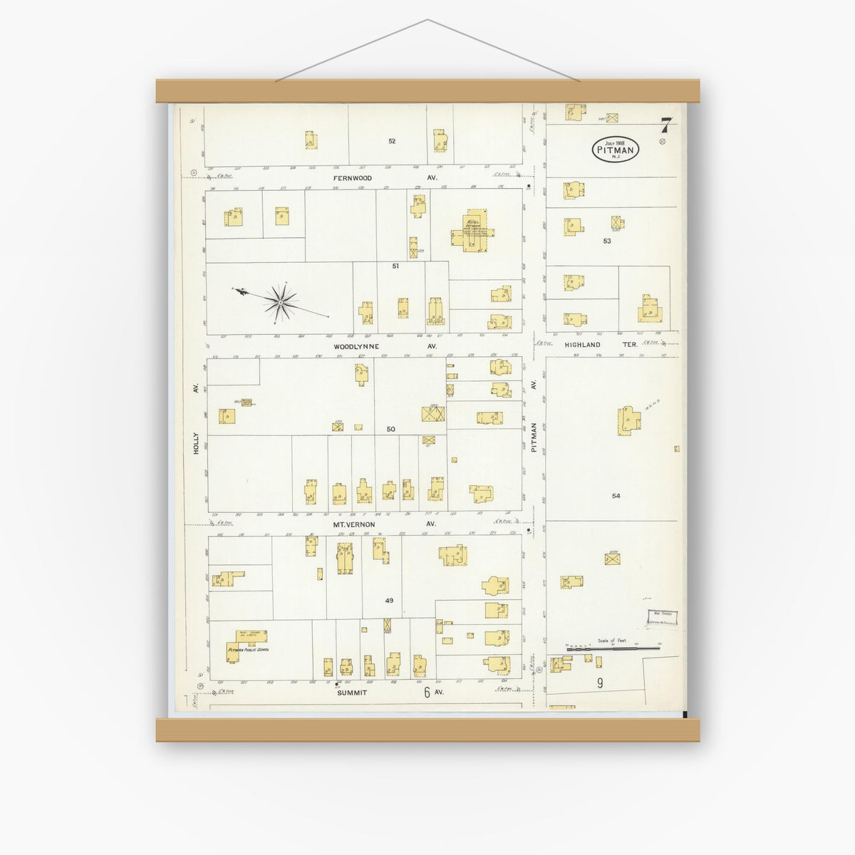 Old map wall art mockup — magnetic wood frame on white wall — Sanborn Fire Insurance Map from Pitman, Gloucester County, New Jersey (1908), Sheet #0007