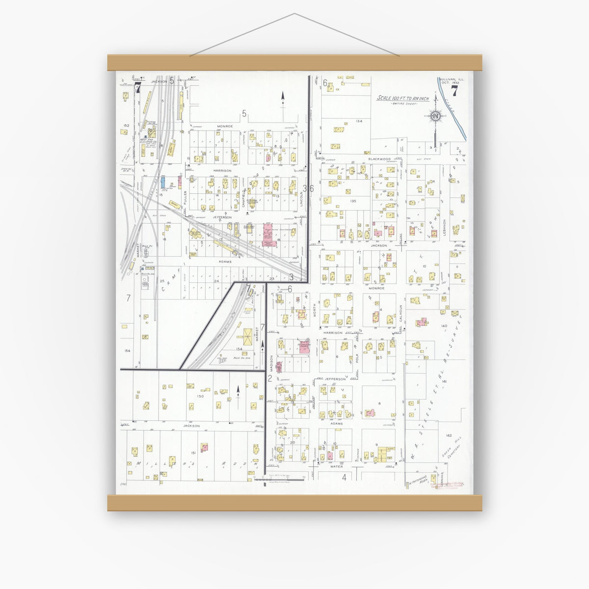 Old map wall art mockup — magnetic wood frame on white wall — Sanborn Fire Insurance Map from Sullivan, Moultrie County, Illinois (1932), Sheet #0007