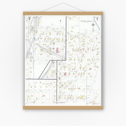 Old map wall art mockup — magnetic wood frame on white wall — Sanborn Fire Insurance Map from Sullivan, Moultrie County, Illinois (1932), Sheet #0007