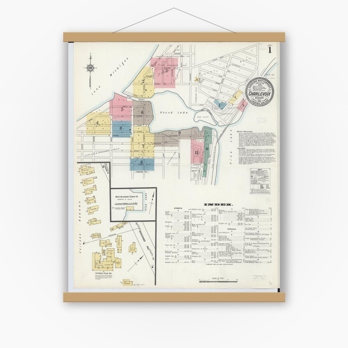 Old map wall art mockup — magnetic wood frame on white wall — Sanborn Fire Insurance Map from Charlevoix, Charlevoix County, Michigan (1912) - Complete Map Set