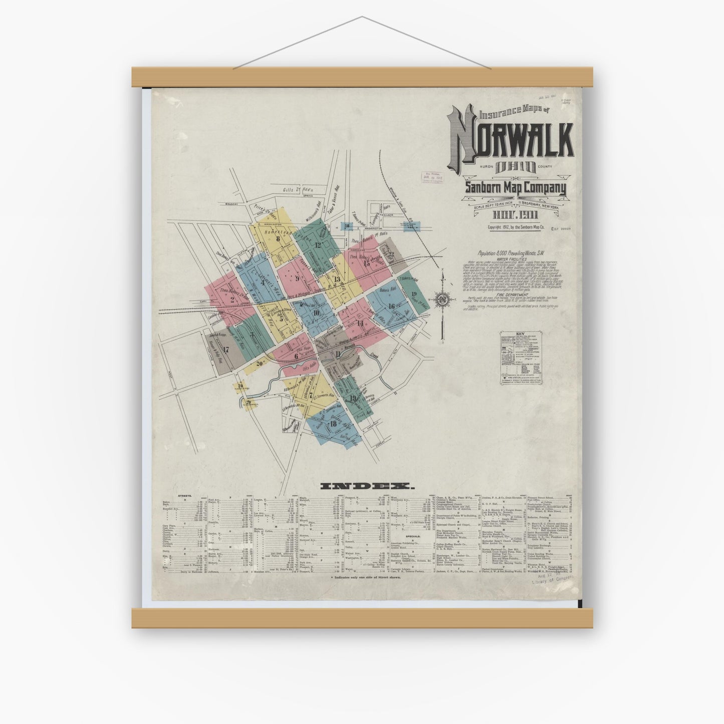 Old map wall art mockup — magnetic wood frame on white wall — Sanborn Fire Insurance Map from Norwalk, Huron County, Ohio (1911) - Complete Map Set