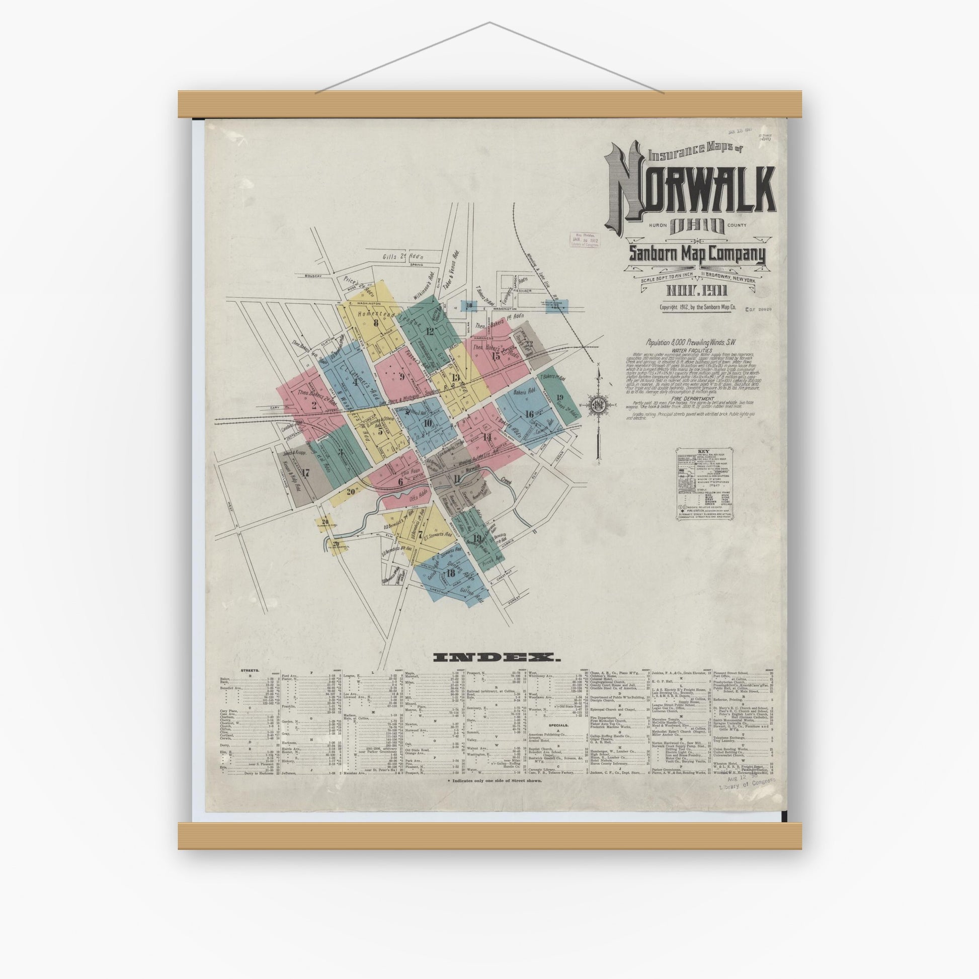 Old map wall art mockup — magnetic wood frame on white wall — Sanborn Fire Insurance Map from Norwalk, Huron County, Ohio (1911) - Complete Map Set
