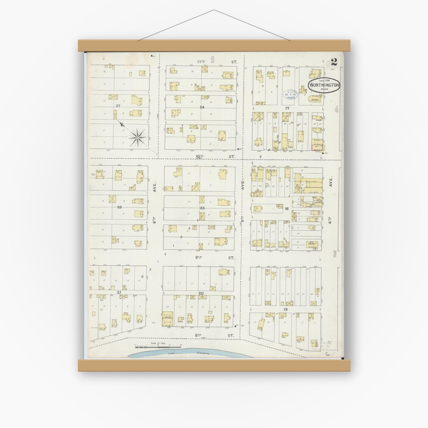 Old map wall art mockup — magnetic wood frame on white wall — Sanborn Fire Insurance Map from Worthington, Nobles County, Minnesota (1894), Sheet #0002