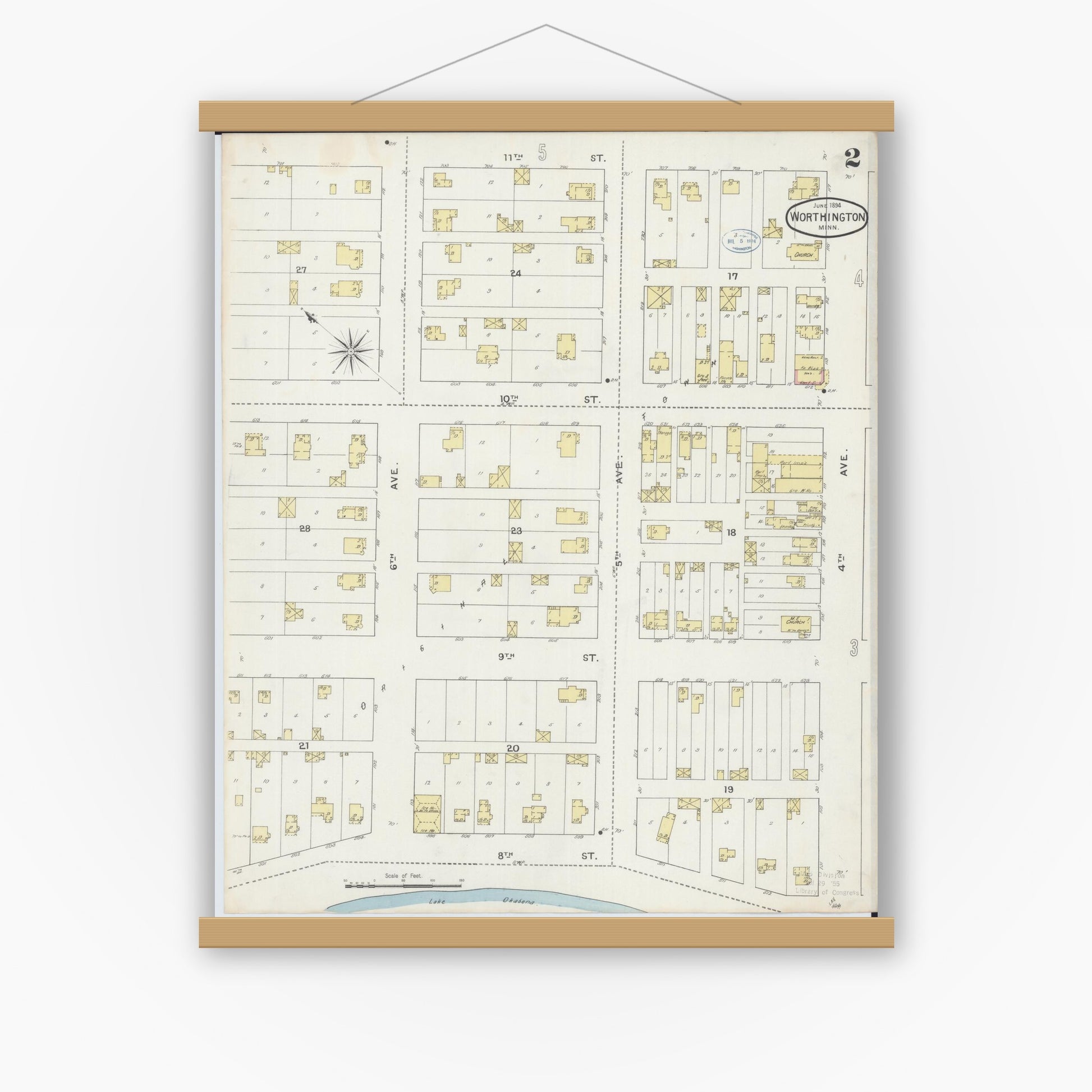 Old map wall art mockup — magnetic wood frame on white wall — Sanborn Fire Insurance Map from Worthington, Nobles County, Minnesota (1894), Sheet #0002