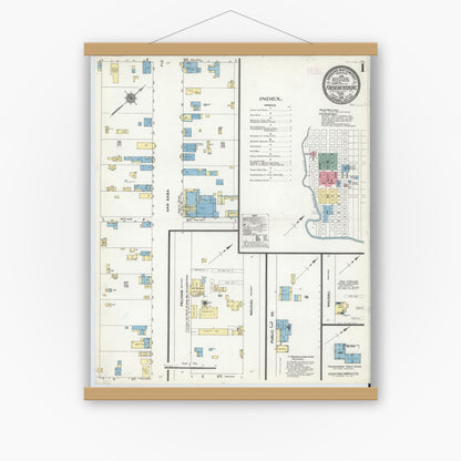 Old map wall art mockup — magnetic wood frame on white wall — Sanborn Fire Insurance Map from Fredericksburg, Gillespie County, Texas (1910) - Complete Map Set
