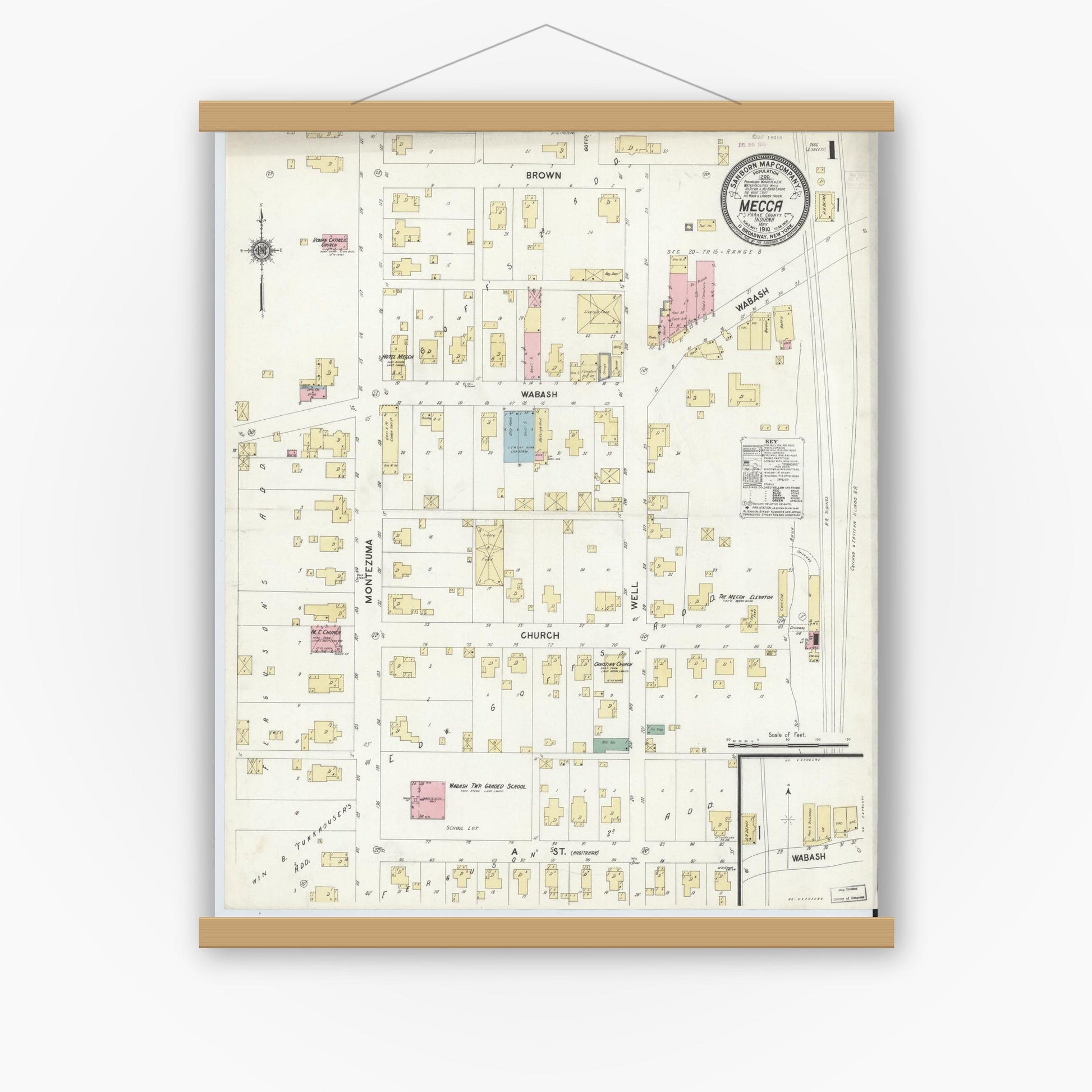 Old map wall art mockup — magnetic wood frame on white wall — Sanborn Fire Insurance Map from Mecca, Parke County, Indiana (1910) - Complete Map Set