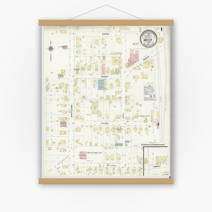 Old map wall art mockup — magnetic wood frame on white wall — Sanborn Fire Insurance Map from Mecca, Parke County, Indiana (1910) - Complete Map Set