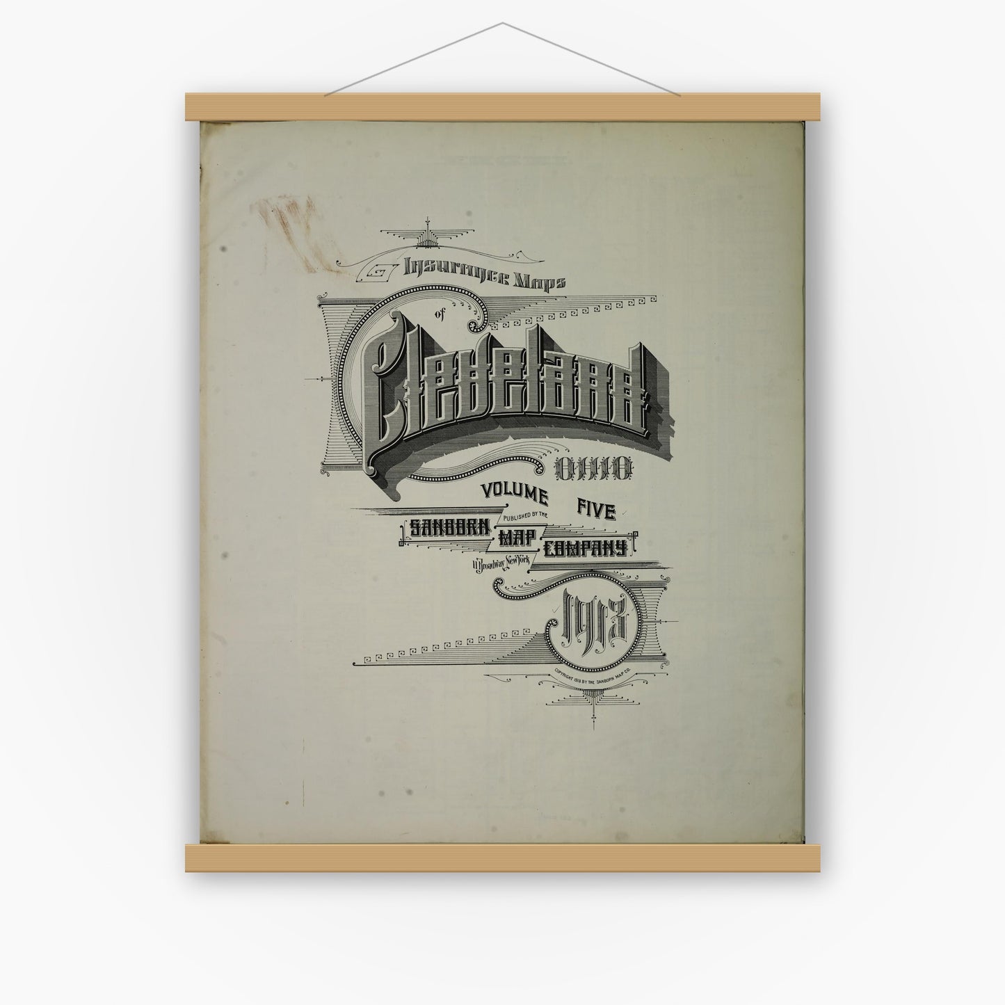 Old map wall art mockup — magnetic wood frame on white wall — Sanborn Fire Insurance Map from Cleveland, Cuyahoga County, Ohio (1913), Sheet #0001