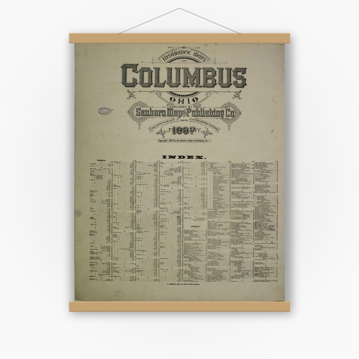 Old map wall art mockup — magnetic wood frame on white wall — Sanborn Fire Insurance Map from Columbus, Franklin County, Ohio (1887), Sheet #0001