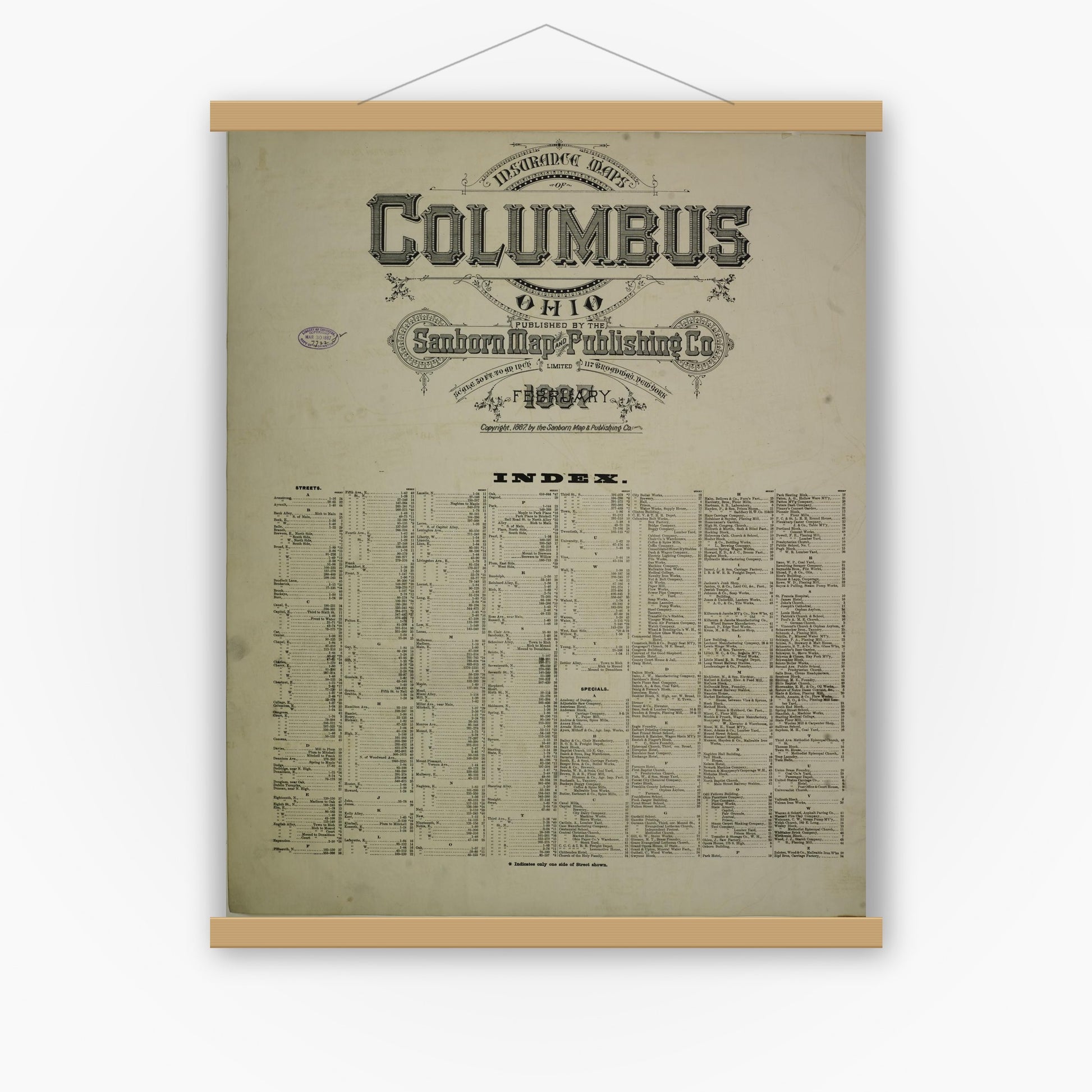 Old map wall art mockup — magnetic wood frame on white wall — Sanborn Fire Insurance Map from Columbus, Franklin County, Ohio (1887), Sheet #0001