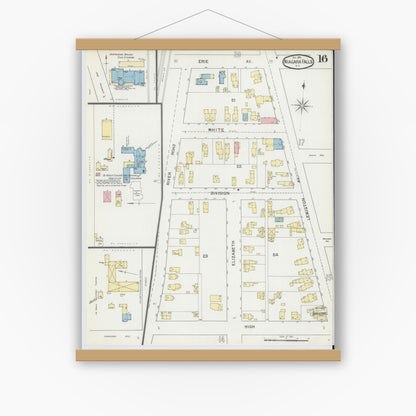 Old map wall art mockup — magnetic wood frame on white wall — Sanborn Fire Insurance Map from Niagara Falls, Niagara County, New York (1892), Sheet #0016