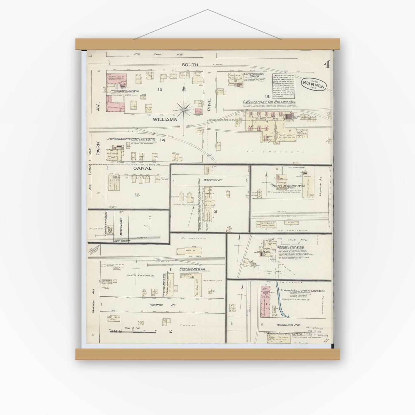 Old map wall art mockup — magnetic wood frame on white wall — Sanborn Fire Insurance Map from Warren, Trumbull County, Ohio (1884), Sheet #0004