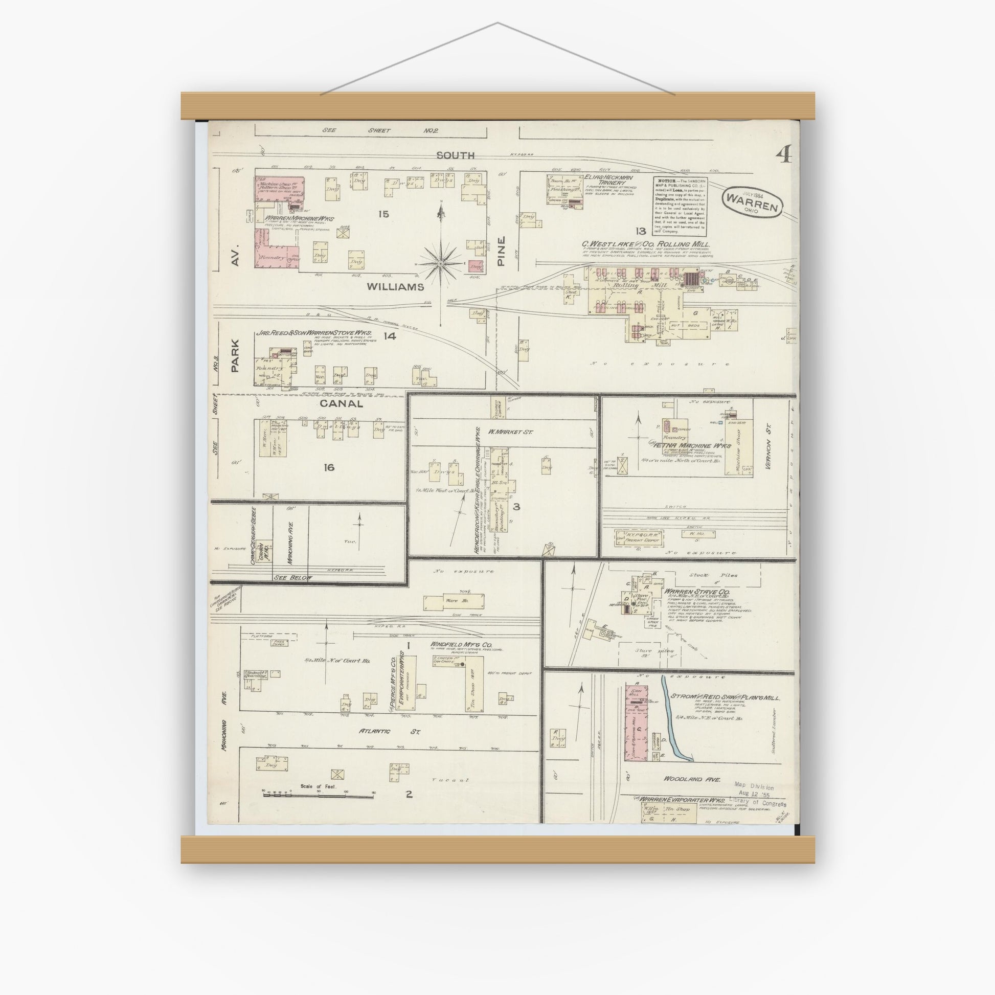 Old map wall art mockup — magnetic wood frame on white wall — Sanborn Fire Insurance Map from Warren, Trumbull County, Ohio (1884), Sheet #0004