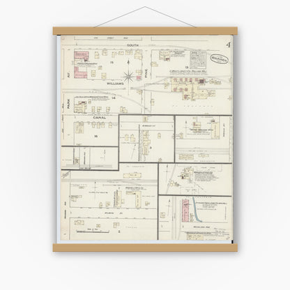 Old map wall art mockup — magnetic wood frame on white wall — Sanborn Fire Insurance Map from Warren, Trumbull County, Ohio (1884), Sheet #0004