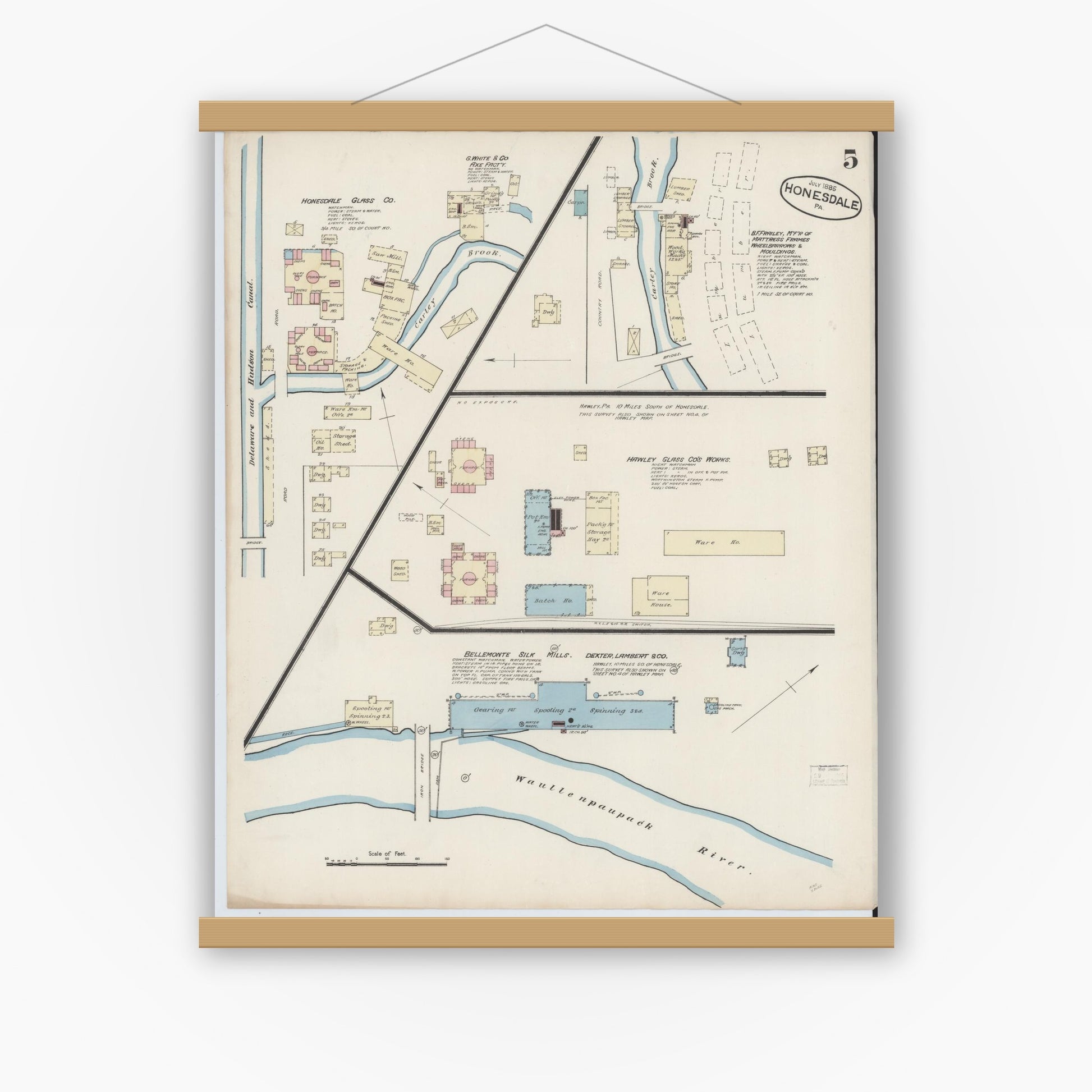 Old map wall art mockup — magnetic wood frame on white wall — Sanborn Fire Insurance Map from Honesdale, Wayne County, Pennsylvania (1885), Sheet #0005
