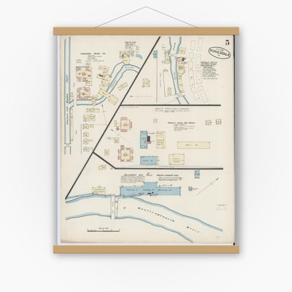 Old map wall art mockup — magnetic wood frame on white wall — Sanborn Fire Insurance Map from Honesdale, Wayne County, Pennsylvania (1885), Sheet #0005
