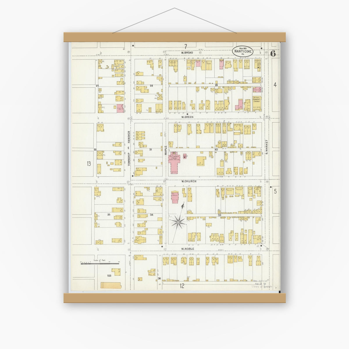 Old map wall art mockup — magnetic wood frame on white wall — Sanborn Fire Insurance Map from Nanticoke, Luzerne County, Pennsylvania (1903), Sheet #0006