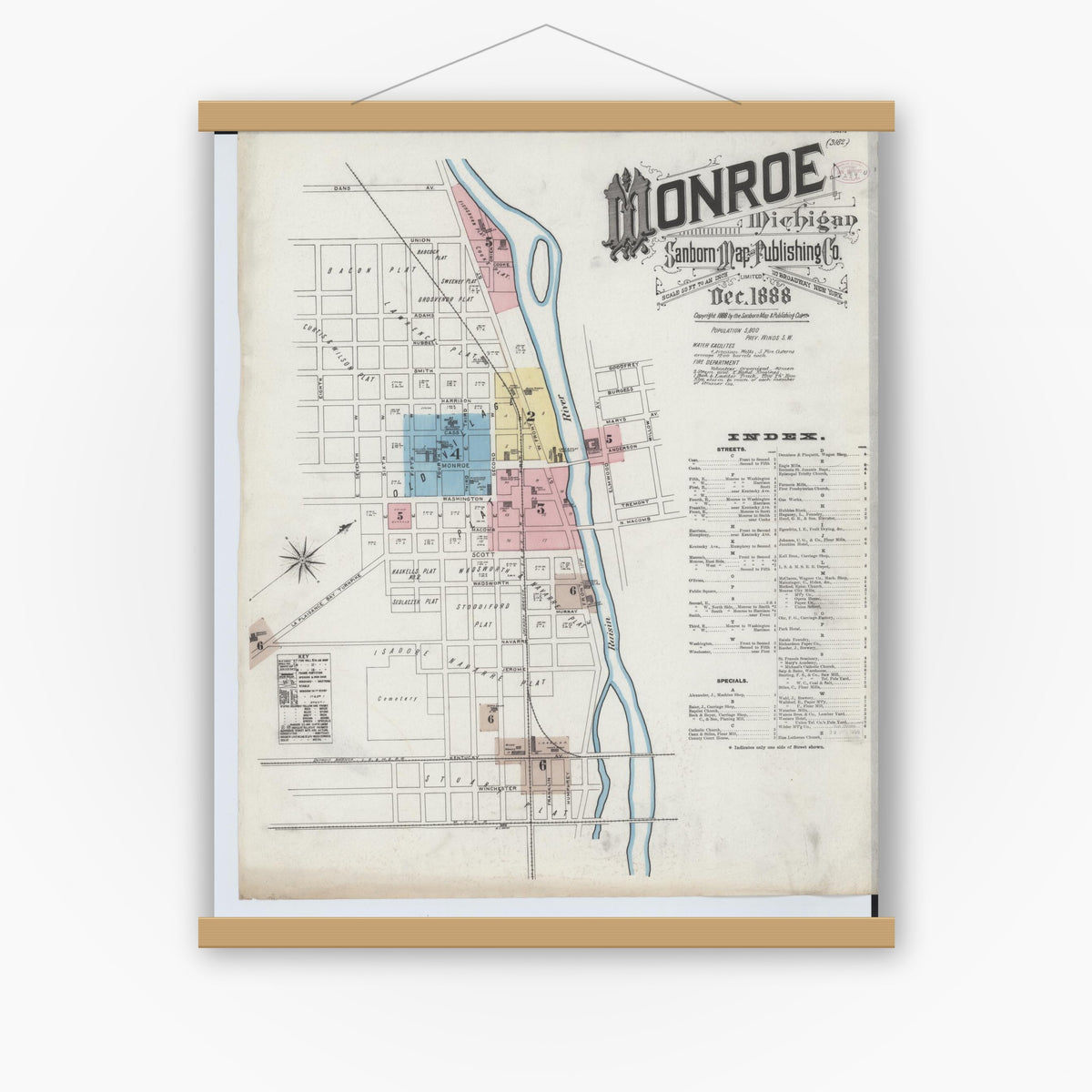 Old map wall art mockup — magnetic wood frame on white wall — Sanborn Fire Insurance Map from Monroe, Monroe County, Michigan (1888), Sheet #0001