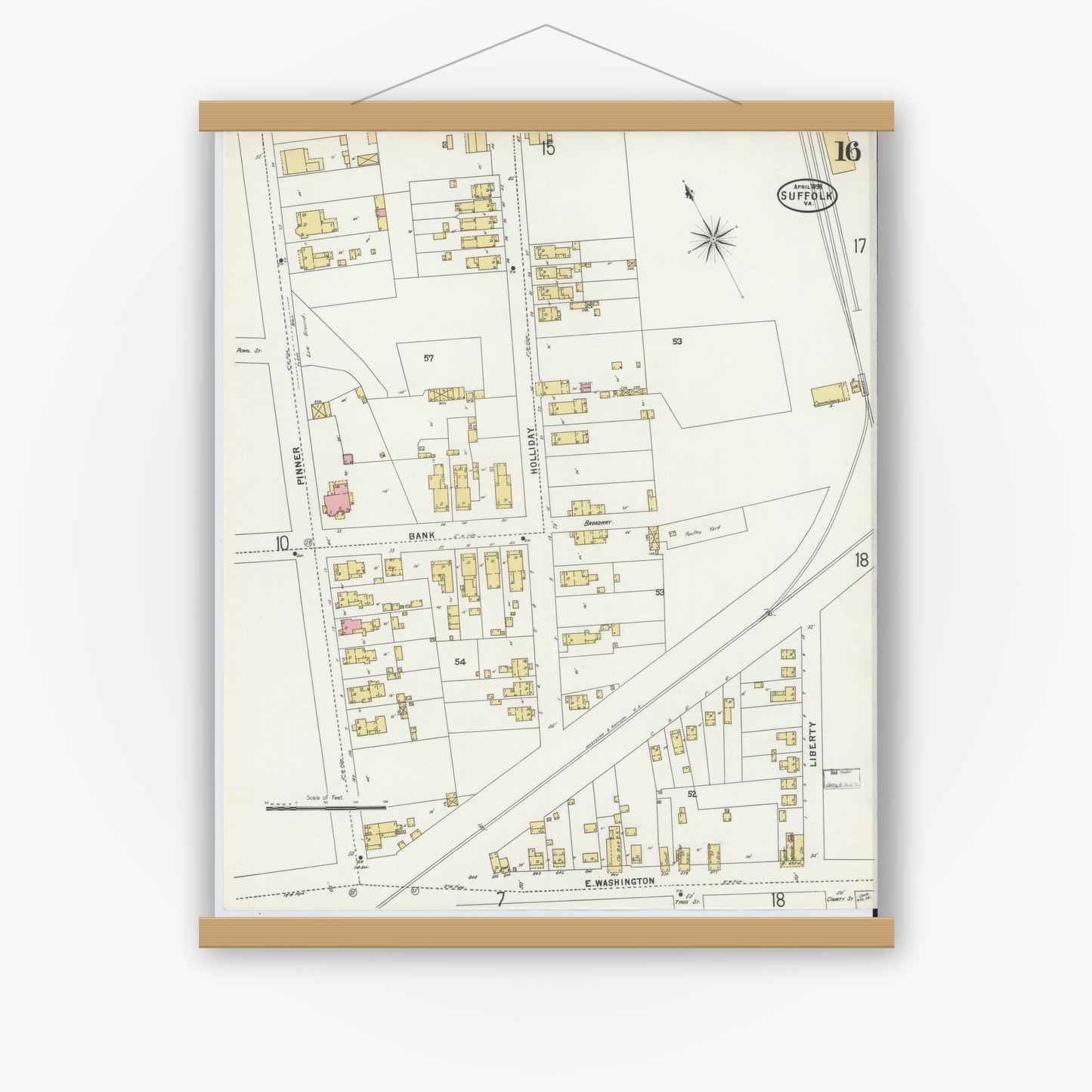 Old map wall art mockup — magnetic wood frame on white wall — Sanborn Fire Insurance Map from Suffolk, Independent Cities, Virginia (1898), Sheet #0016