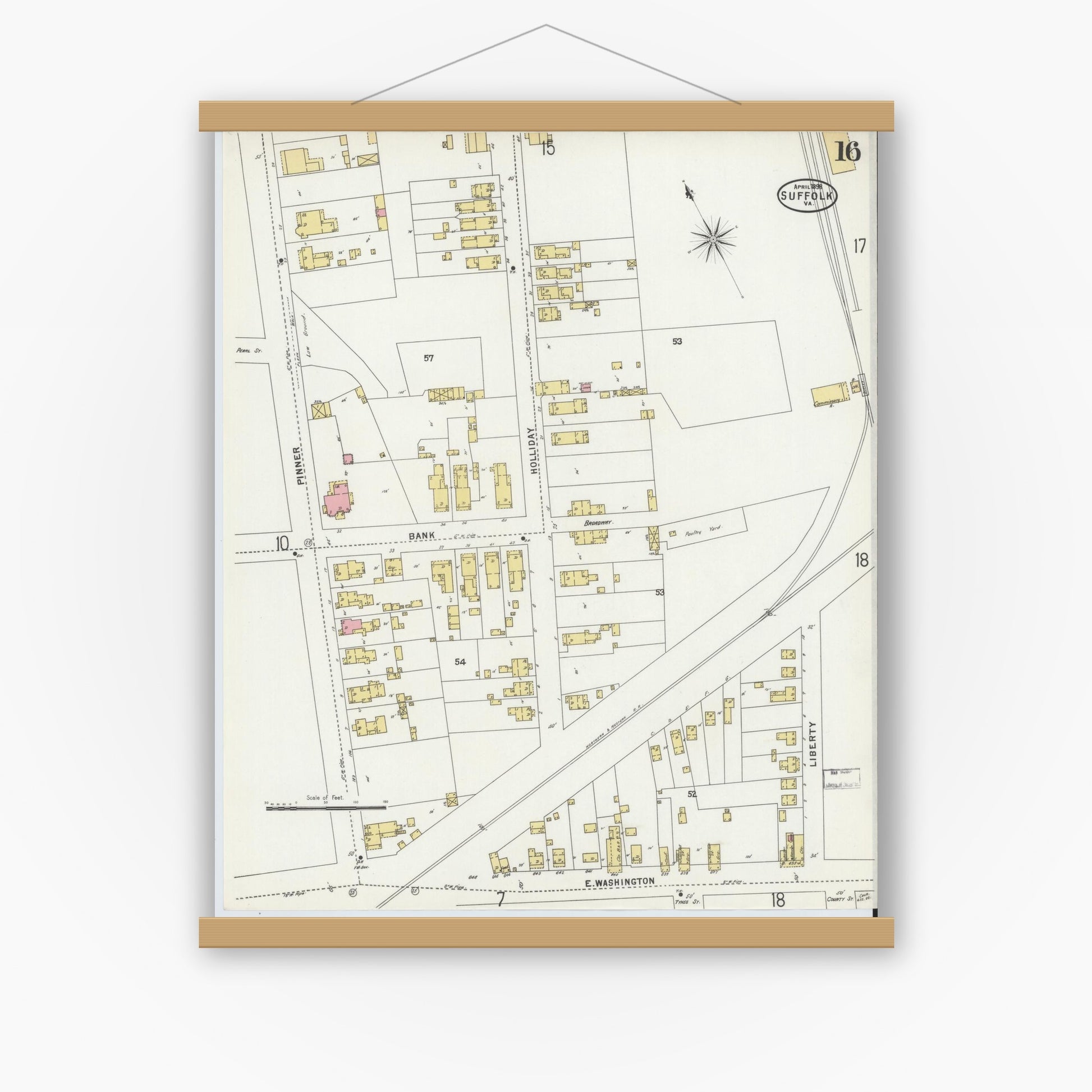 Old map wall art mockup — magnetic wood frame on white wall — Sanborn Fire Insurance Map from Suffolk, Independent Cities, Virginia (1898), Sheet #0016