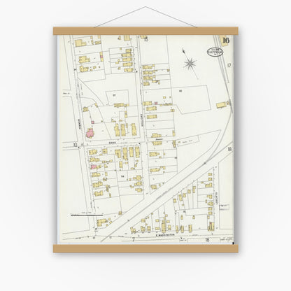 Old map wall art mockup — magnetic wood frame on white wall — Sanborn Fire Insurance Map from Suffolk, Independent Cities, Virginia (1898), Sheet #0016