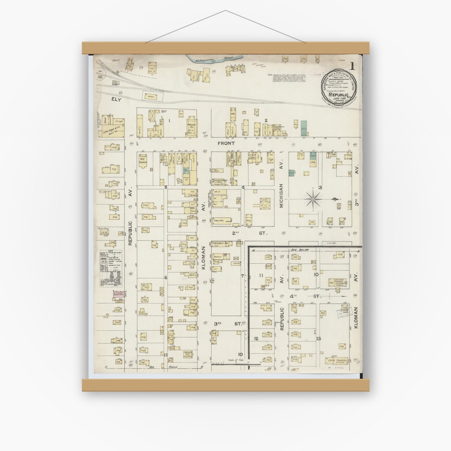 Old map wall art mockup — magnetic wood frame on white wall — Sanborn Fire Insurance Map from Republic, Marquette County, Michigan (1888) - Complete Map Set