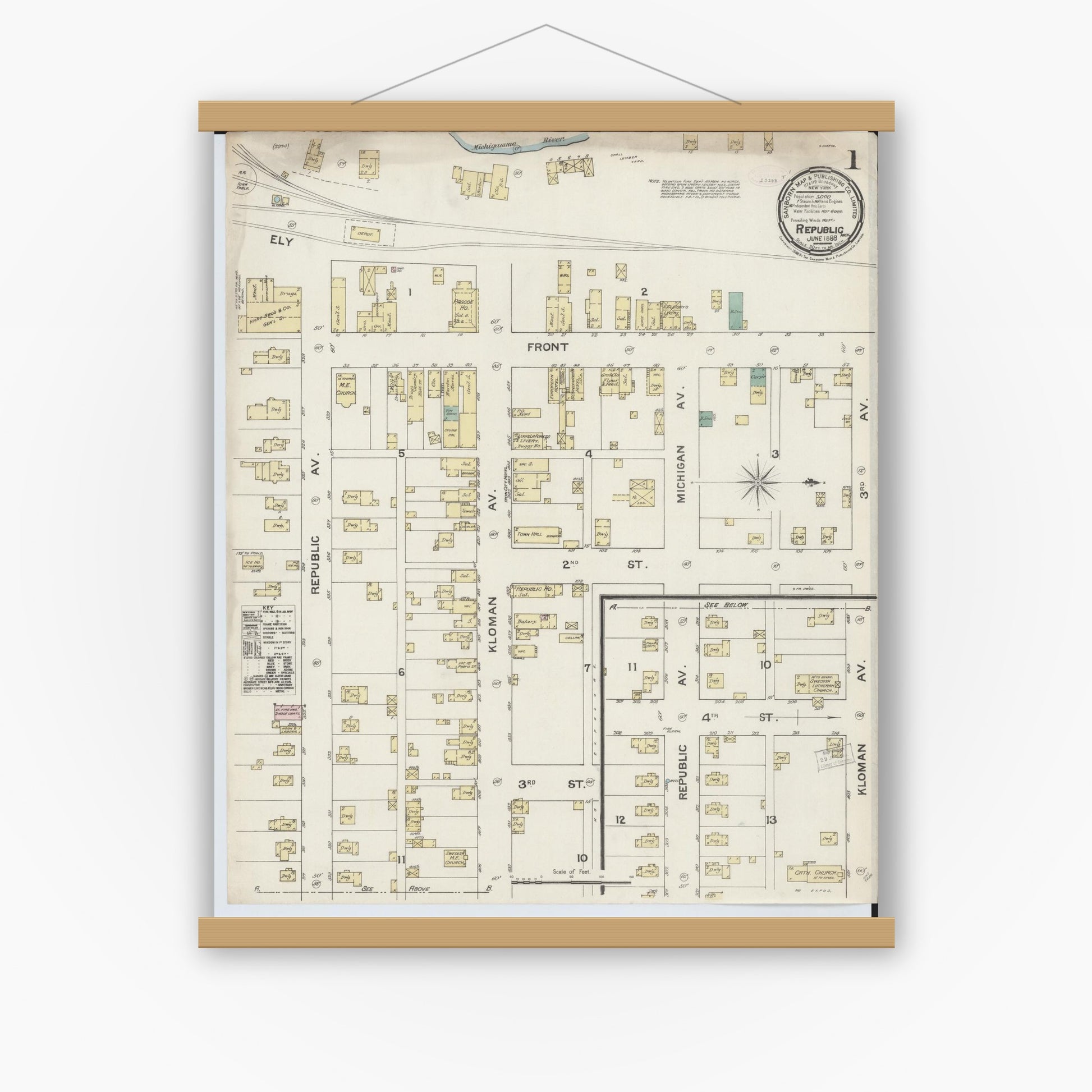 Old map wall art mockup — magnetic wood frame on white wall — Sanborn Fire Insurance Map from Republic, Marquette County, Michigan (1888) - Complete Map Set