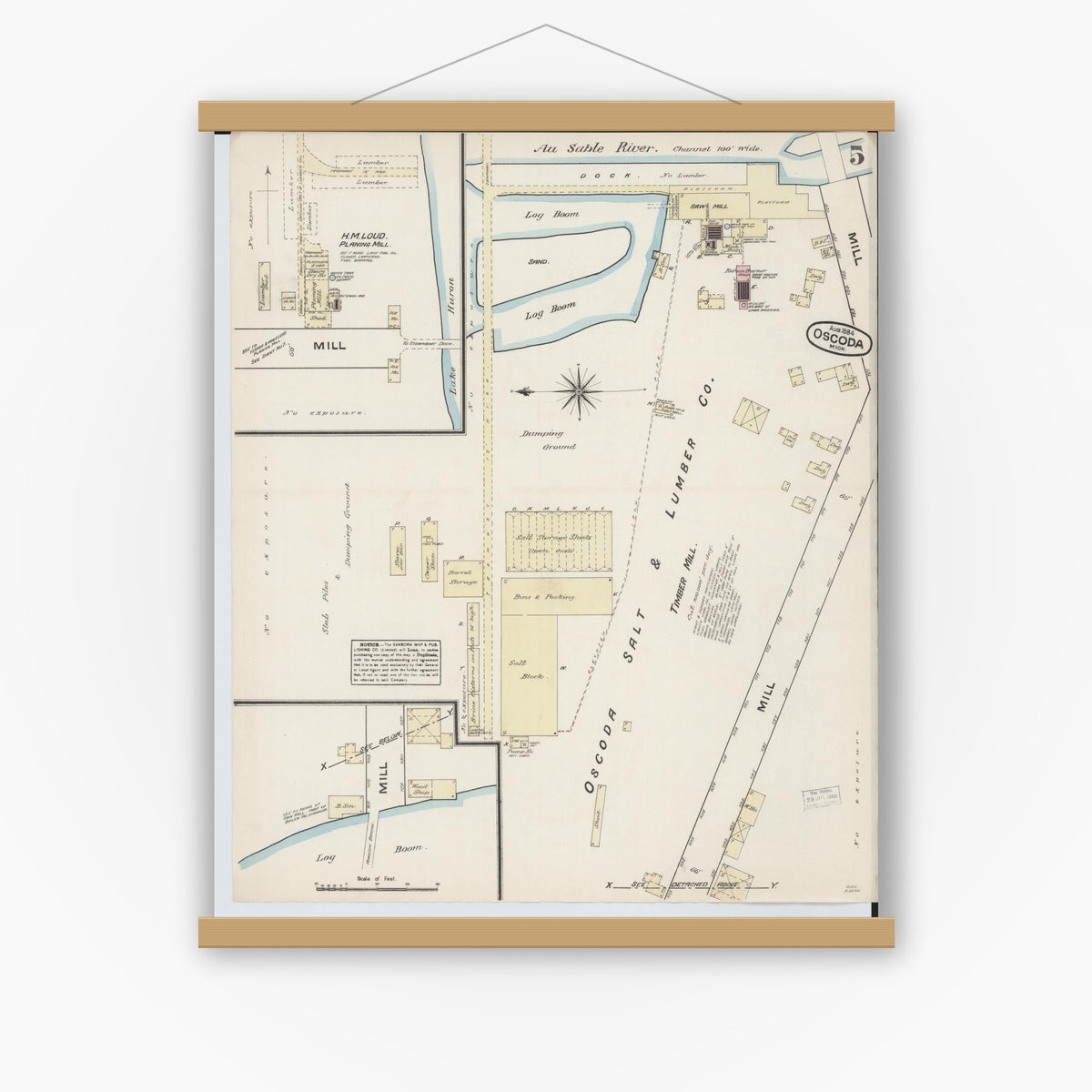 Old map wall art mockup — magnetic wood frame on white wall — Sanborn Fire Insurance Map from Oscoda, Iosco County, Michigan (1884), Sheet #0005