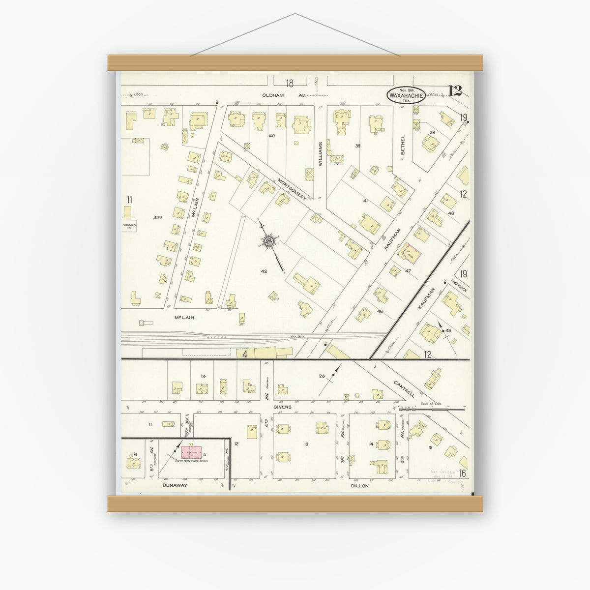 Old map wall art mockup — magnetic wood frame on white wall — Sanborn Fire Insurance Map from Waxahachie, Ellis County, Texas (1914), Sheet #0012