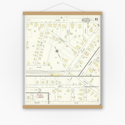 Old map wall art mockup — magnetic wood frame on white wall — Sanborn Fire Insurance Map from Waxahachie, Ellis County, Texas (1914), Sheet #0012
