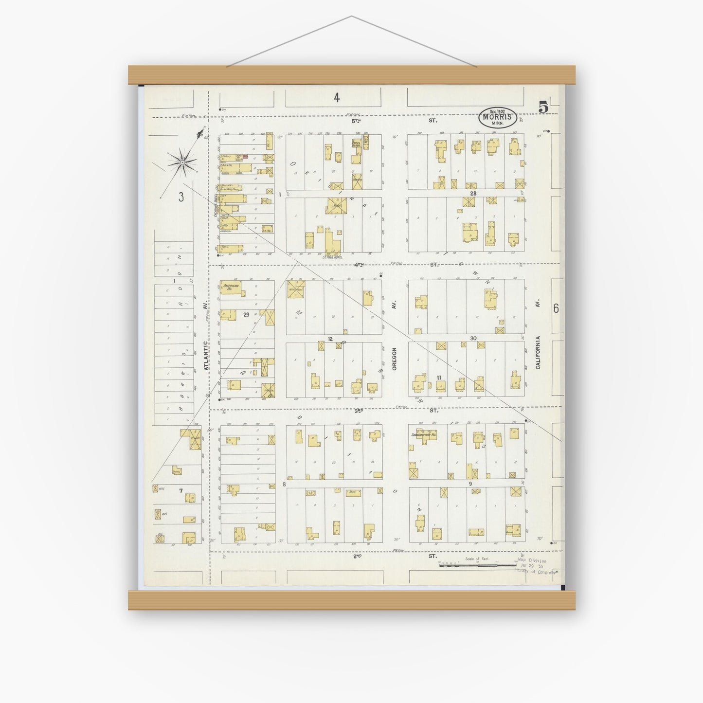 Old map wall art mockup — magnetic wood frame on white wall — Sanborn Fire Insurance Map from Morris, Stevens County, Minnesota (1902), Sheet #0005