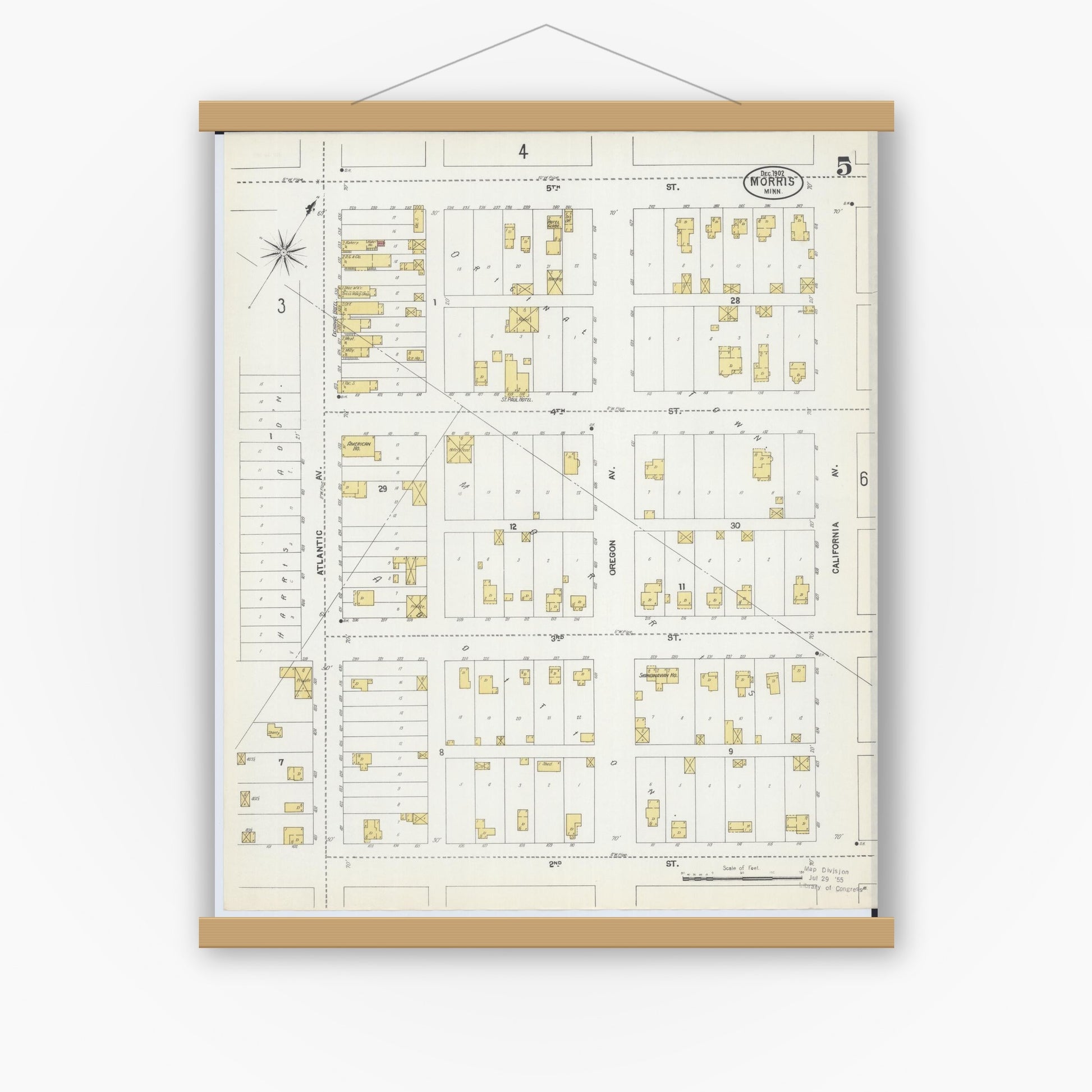 Old map wall art mockup — magnetic wood frame on white wall — Sanborn Fire Insurance Map from Morris, Stevens County, Minnesota (1902), Sheet #0005