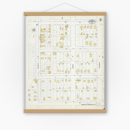 Old map wall art mockup — magnetic wood frame on white wall — Sanborn Fire Insurance Map from Morris, Stevens County, Minnesota (1902), Sheet #0005