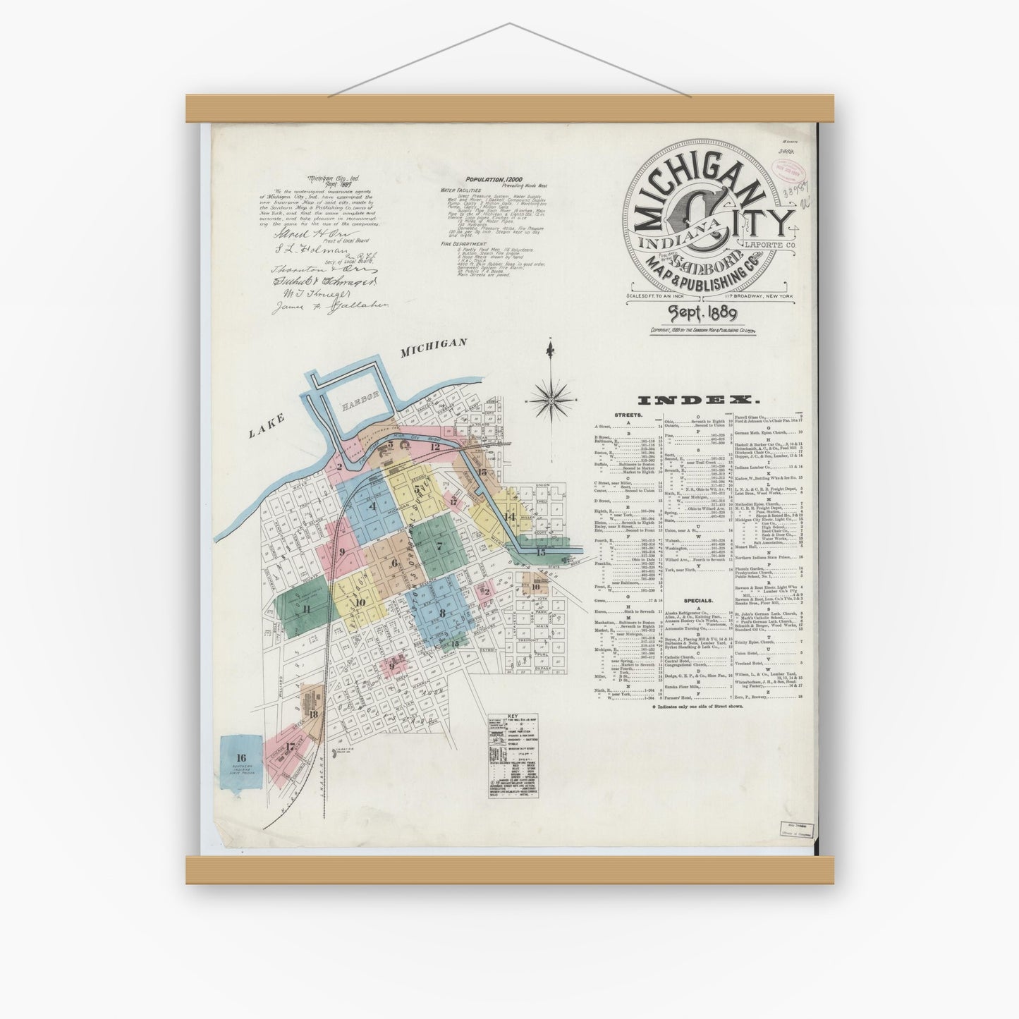 Old map wall art mockup — magnetic wood frame on white wall — Sanborn Fire Insurance Map from Michigan City, La Porte County, Indiana (1889) - Complete Map Set