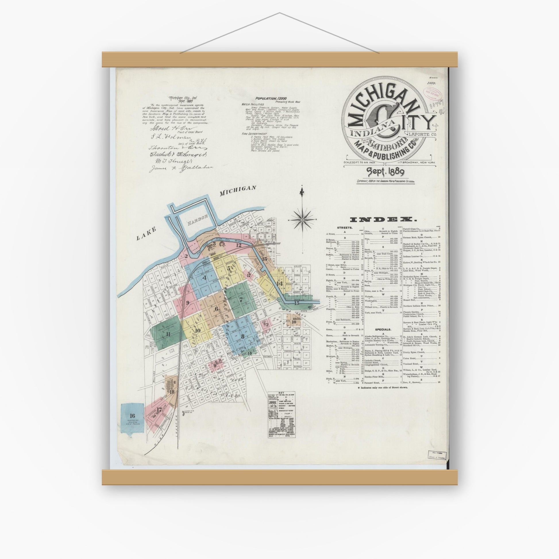 Old map wall art mockup — magnetic wood frame on white wall — Sanborn Fire Insurance Map from Michigan City, La Porte County, Indiana (1889) - Complete Map Set