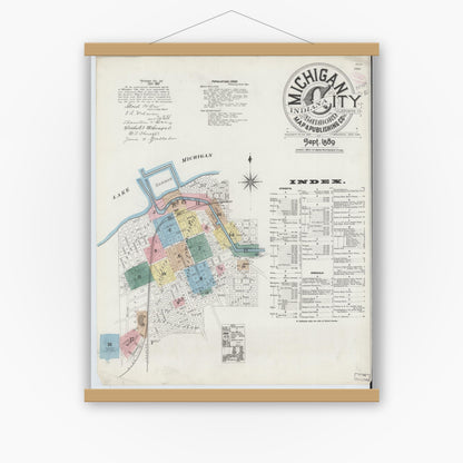 Old map wall art mockup — magnetic wood frame on white wall — Sanborn Fire Insurance Map from Michigan City, La Porte County, Indiana (1889) - Complete Map Set
