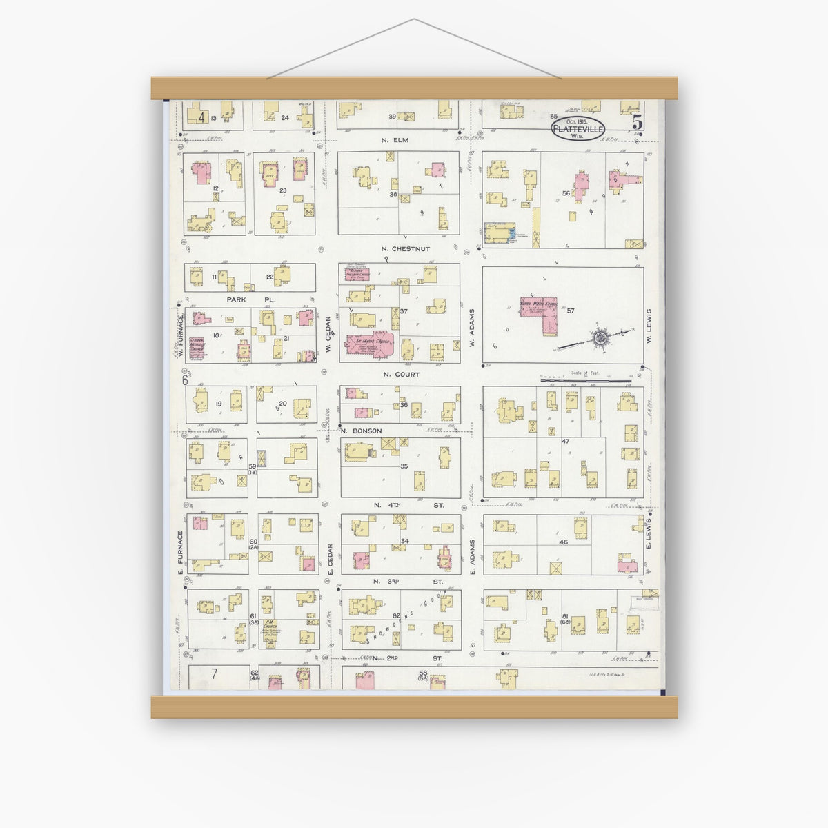 Old map wall art mockup — magnetic wood frame on white wall — Sanborn Fire Insurance Map from Platteville, Grant County, Wisconsin (1915), Sheet #0005