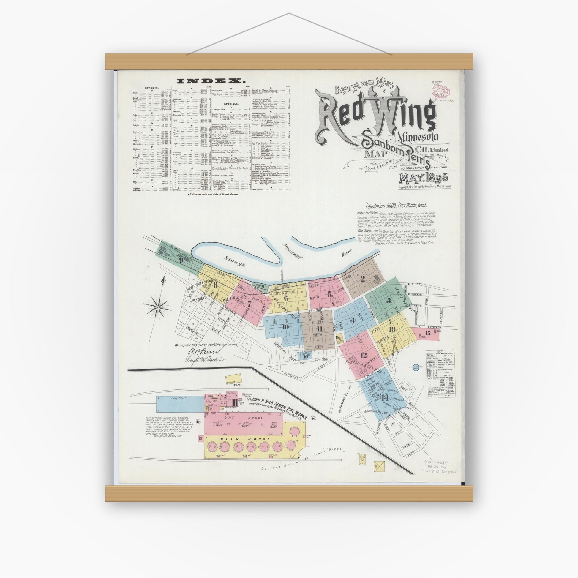Old map wall art mockup — magnetic wood frame on white wall — Sanborn Fire Insurance Map from Red Wing, Goodhue County, Minnesota (1895), Sheet #0001