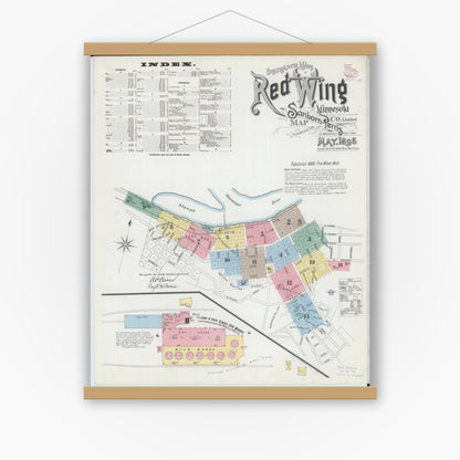 Old map wall art mockup — magnetic wood frame on white wall — Sanborn Fire Insurance Map from Red Wing, Goodhue County, Minnesota (1895), Sheet #0001