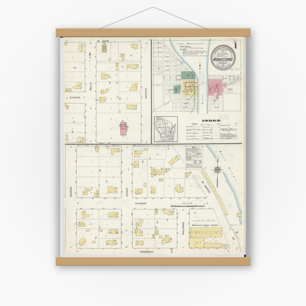Old map wall art mockup — magnetic wood frame on white wall — Sanborn Fire Insurance Map from Winneconne, Winnebago County, Wisconsin (1913) - Complete Map Set