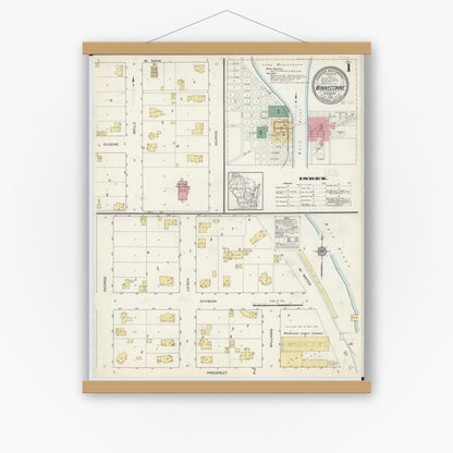 Old map wall art mockup — magnetic wood frame on white wall — Sanborn Fire Insurance Map from Winneconne, Winnebago County, Wisconsin (1913) - Complete Map Set