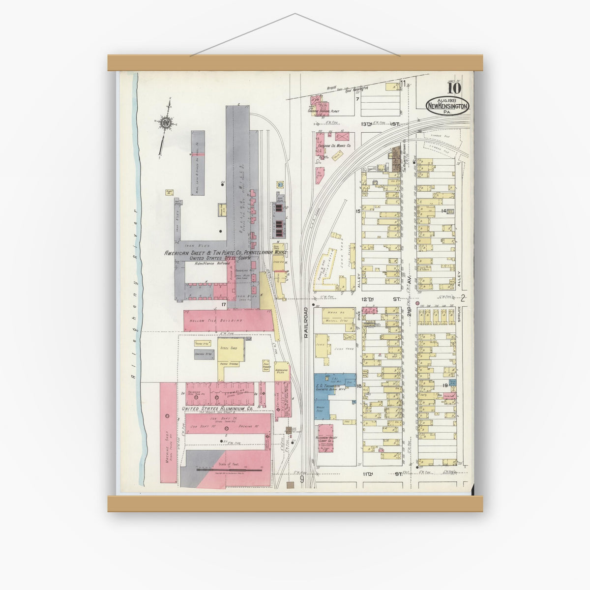 Old map wall art mockup — magnetic wood frame on white wall — Sanborn Fire Insurance Map from New Kensington, Westmoreland County, Pennsylvania (1921), Sheet #0010