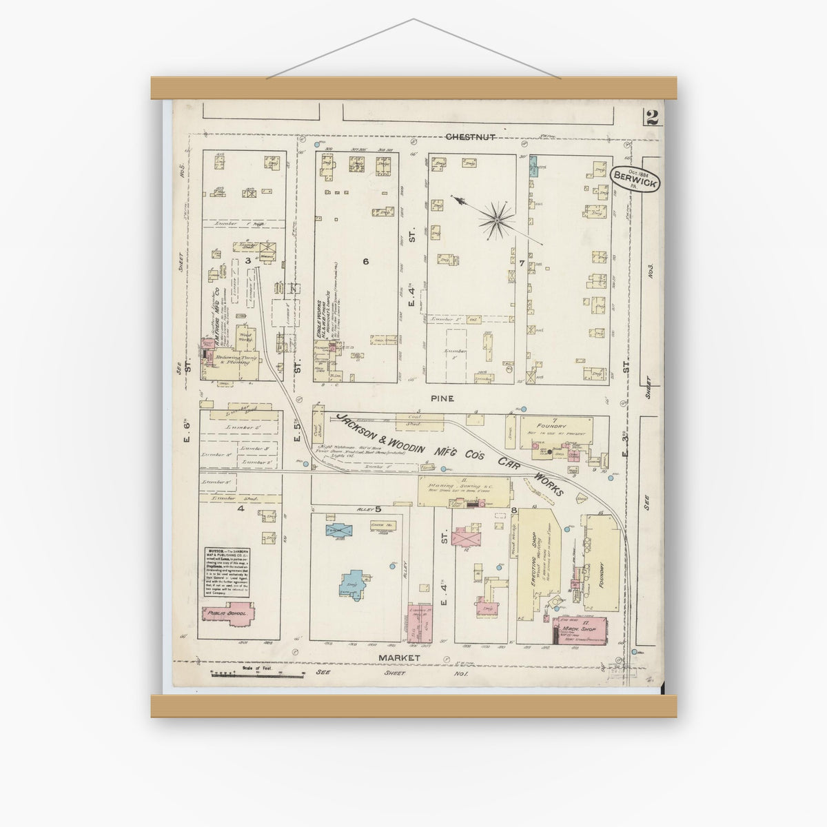 Old map wall art mockup — magnetic wood frame on white wall — Sanborn Fire Insurance Map from Berwick, Columbia County, Pennsylvania (1884), Sheet #0002