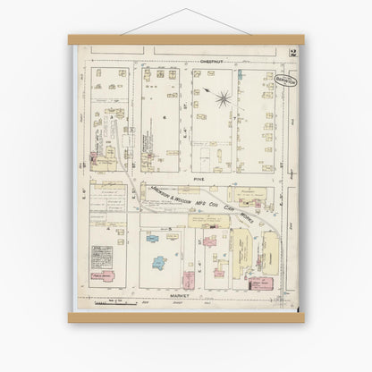 Old map wall art mockup — magnetic wood frame on white wall — Sanborn Fire Insurance Map from Berwick, Columbia County, Pennsylvania (1884), Sheet #0002