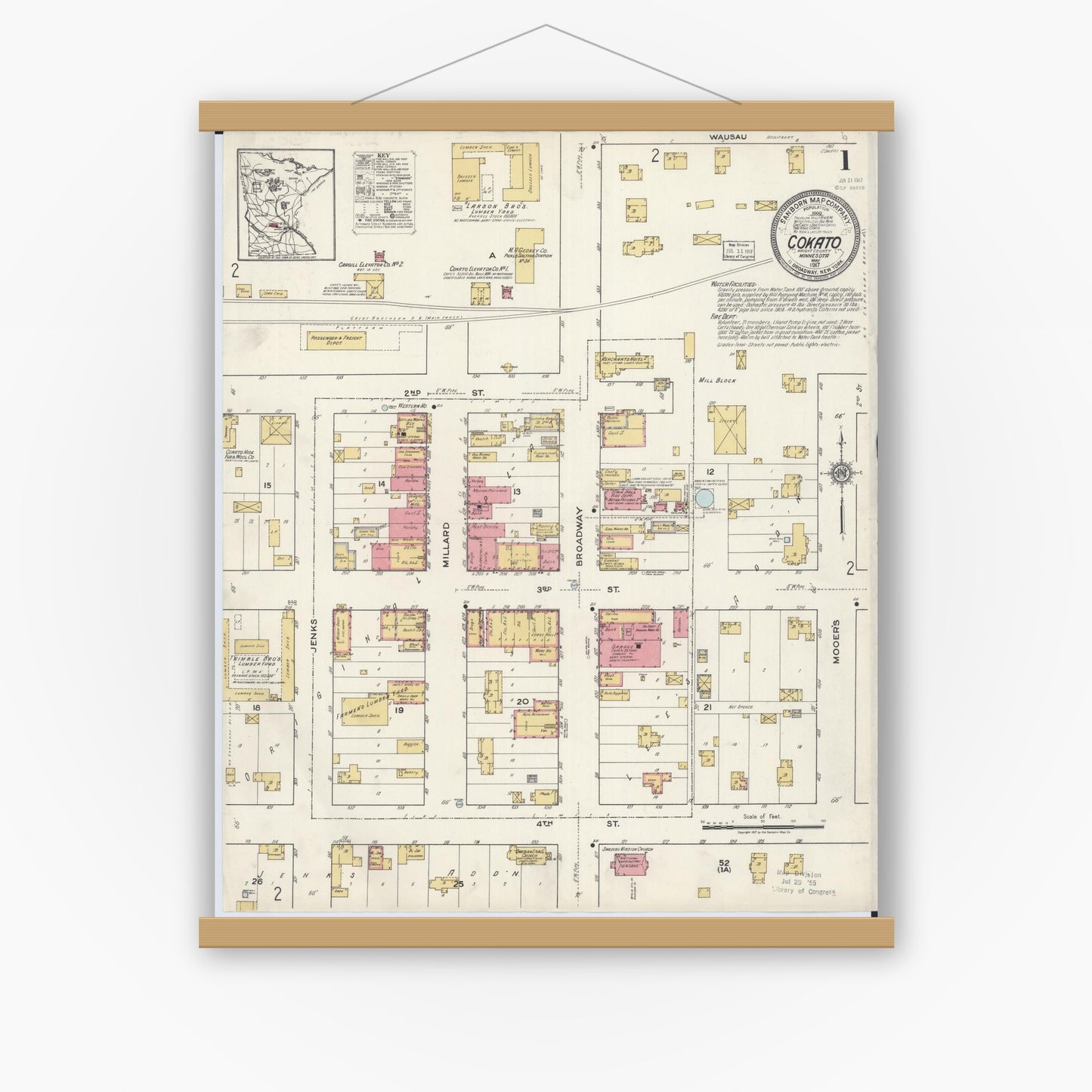 Old map wall art mockup — magnetic wood frame on white wall — Sanborn Fire Insurance Map from Cokato, Wright County, Minnesota (1917) - Complete Map Set
