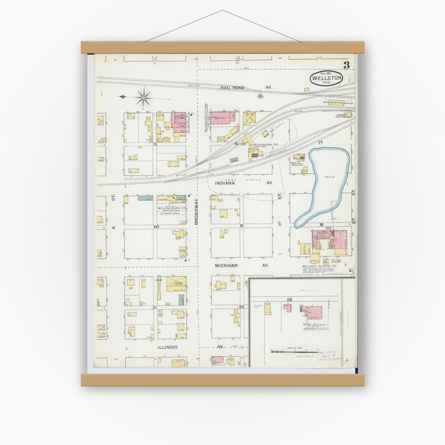 Old map wall art mockup — magnetic wood frame on white wall — Sanborn Fire Insurance Map from Wellston, Jackson County, Ohio (1892), Sheet #0003