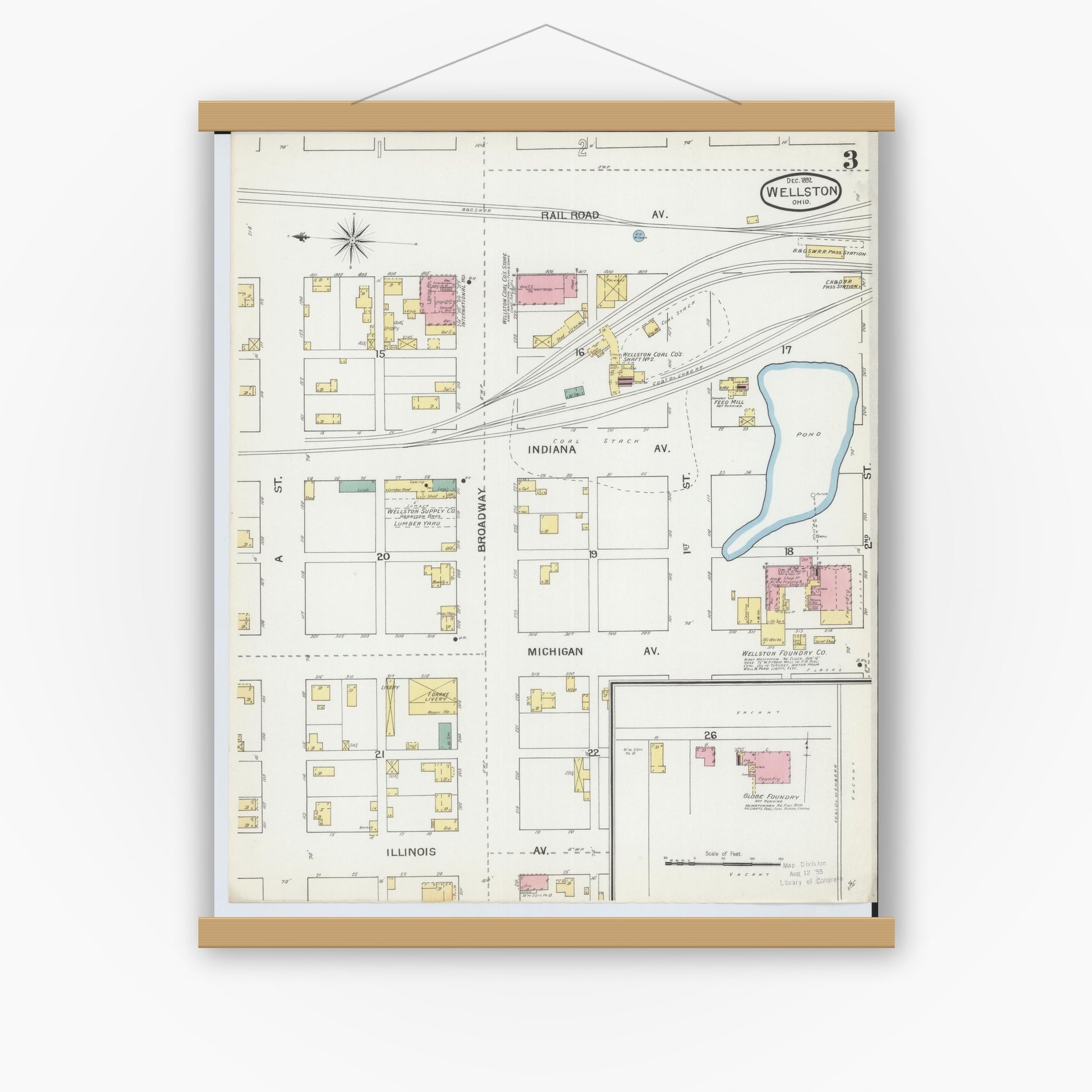 Old map wall art mockup — magnetic wood frame on white wall — Sanborn Fire Insurance Map from Wellston, Jackson County, Ohio (1892), Sheet #0003