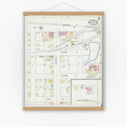 Old map wall art mockup — magnetic wood frame on white wall — Sanborn Fire Insurance Map from Wellston, Jackson County, Ohio (1892), Sheet #0003